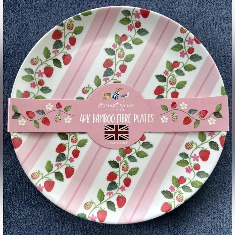 Harvest Green Studio Bamboo Strawberry Print Dinner Plates Set of 4 NEW